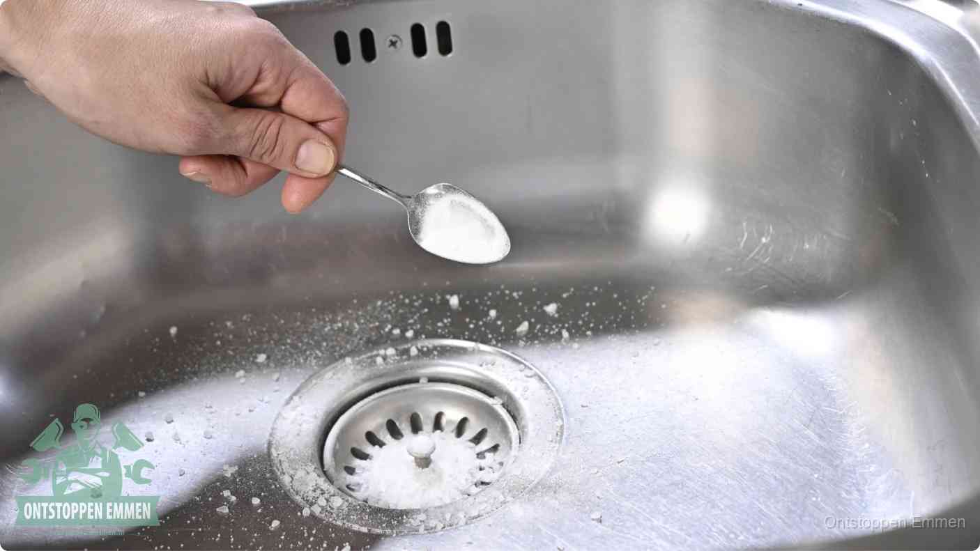 Een hand strooit met een lepel soda in de afvoer van een roestvrijstalen spoelbak, de soda en azijn huismiddel-methode om de afvoer te ontstoppen in Emmen
