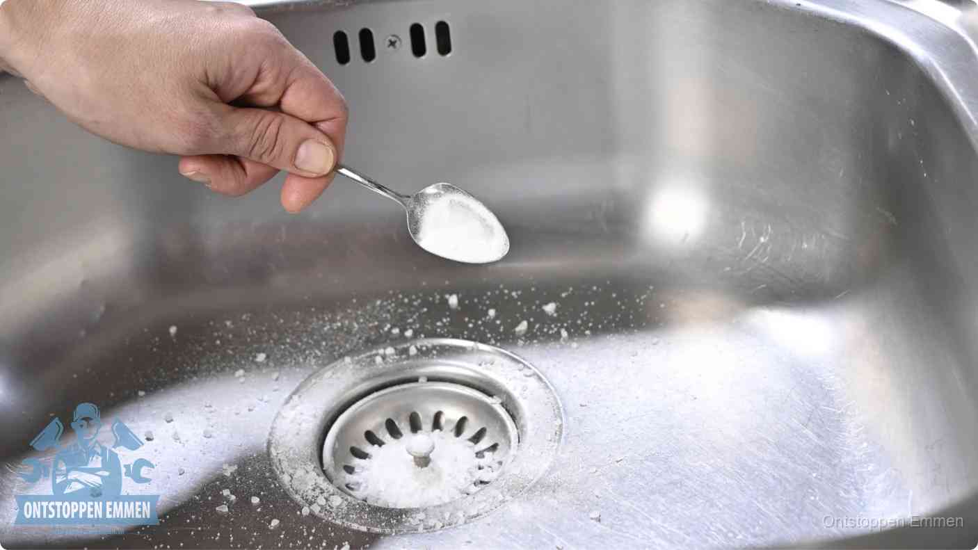 Een hand strooit met een lepel soda in het afvoerputje van een rvs spoelbak, de soda en azijn huismiddel-methode in Emmen