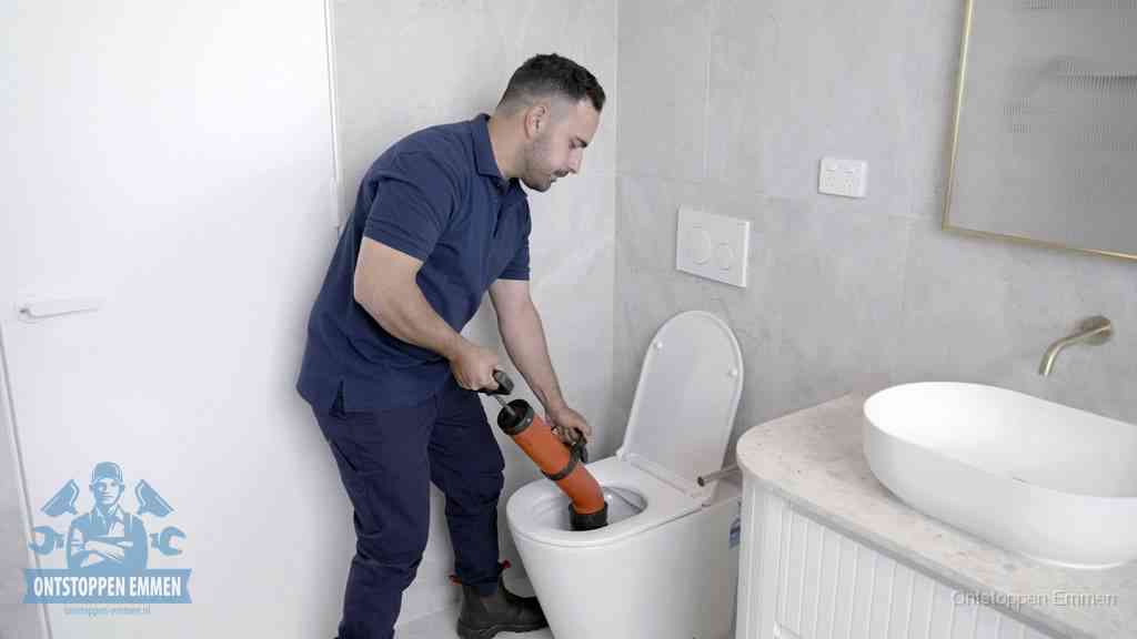 Een monteur gebruikt een handmatige perspomp (toiletontstopper) op een wandcloset tijdens het professioneel wc ontstoppen in Emmen